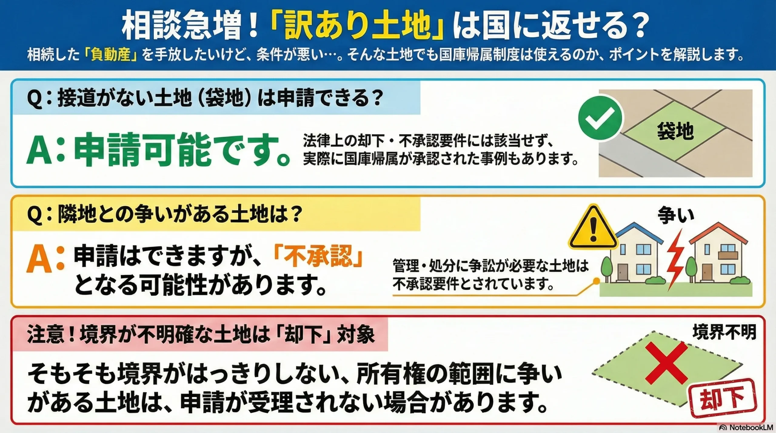 相続土地国庫帰属制度の帰属の承認ができない土地（審査の段階で該当すると判断された場合に不承認となる土地）の「隣接する土地の所有者等との争訟によらなければ管理・処分ができない土地」とは？  - 土地家屋調査士・行政書士池田事務所【測量・登記・相続土地国庫帰属 ...