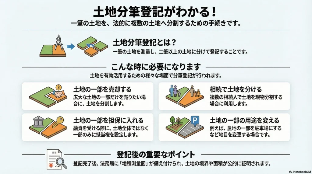 土地分筆登記がわかる!一筆の土地を、法的に複数の土地へ分割するための手続きです。