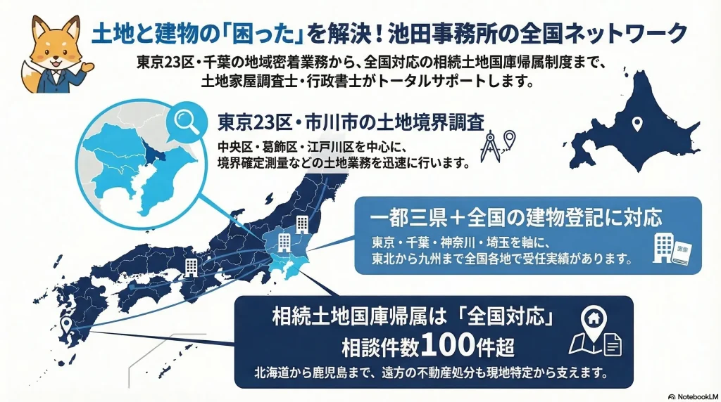 東京23区・千葉の地域密着業務から、全国対応の相続土地国庫帰属制度まで、土地家屋調査士・行政書士がトータルサポートします。