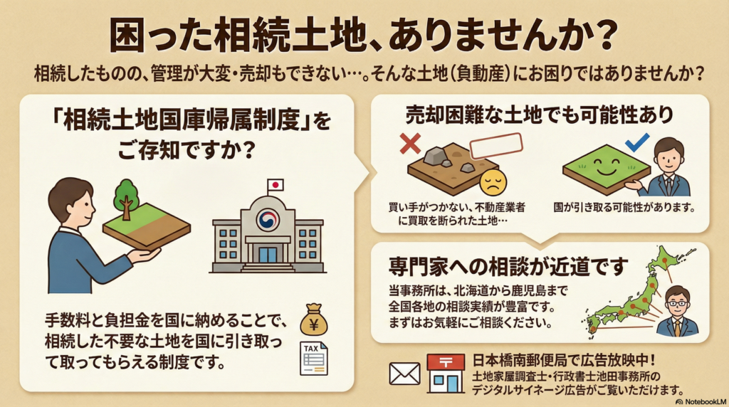 日本橋南郵便局で広告放映中！土地家屋調査士・行政書士池田事務所のデジタルサイネージ広告がご覧いただけます。