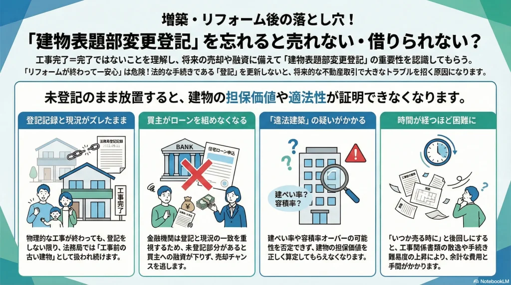 増築・リフォーム後の落とし穴！「建物表題部変更登記」を忘れると売れない・借りられない？