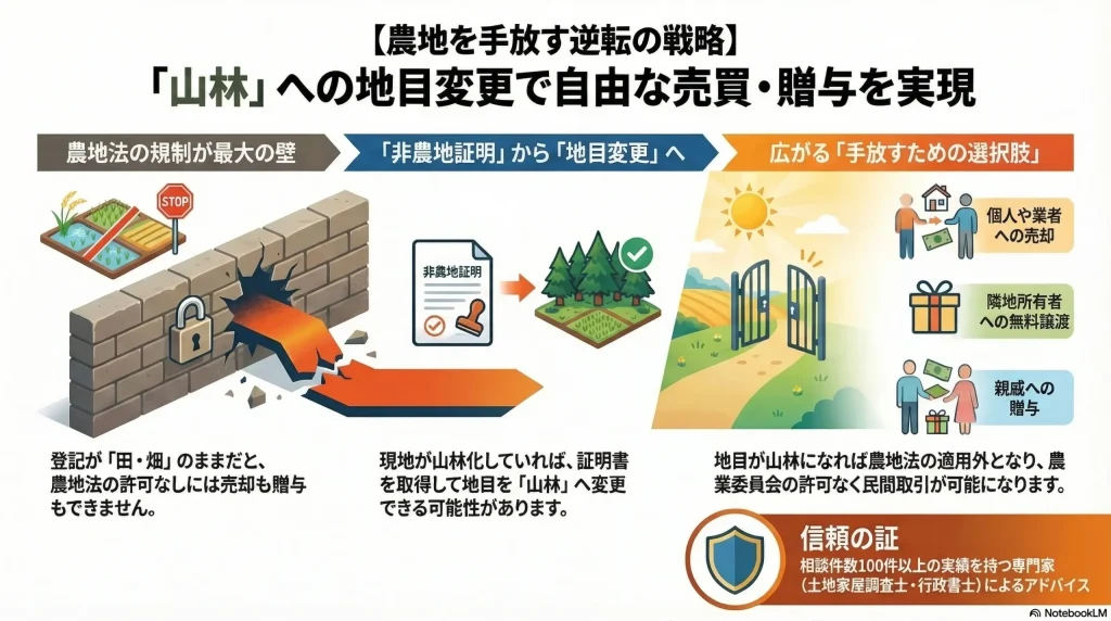 【農地を手放す逆転の戦略】「山林」への地目変更で自由な売買・贈与を実現