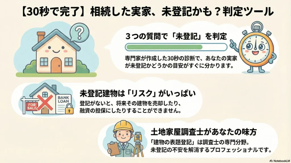 【30秒で完了】相続した実家、未登記かも？判定ツール